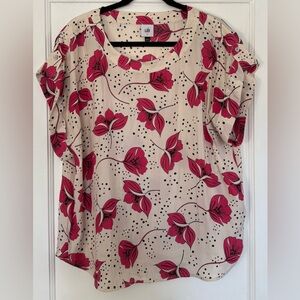 CAbi Boxy Top Beige and Pink Floral Blouse